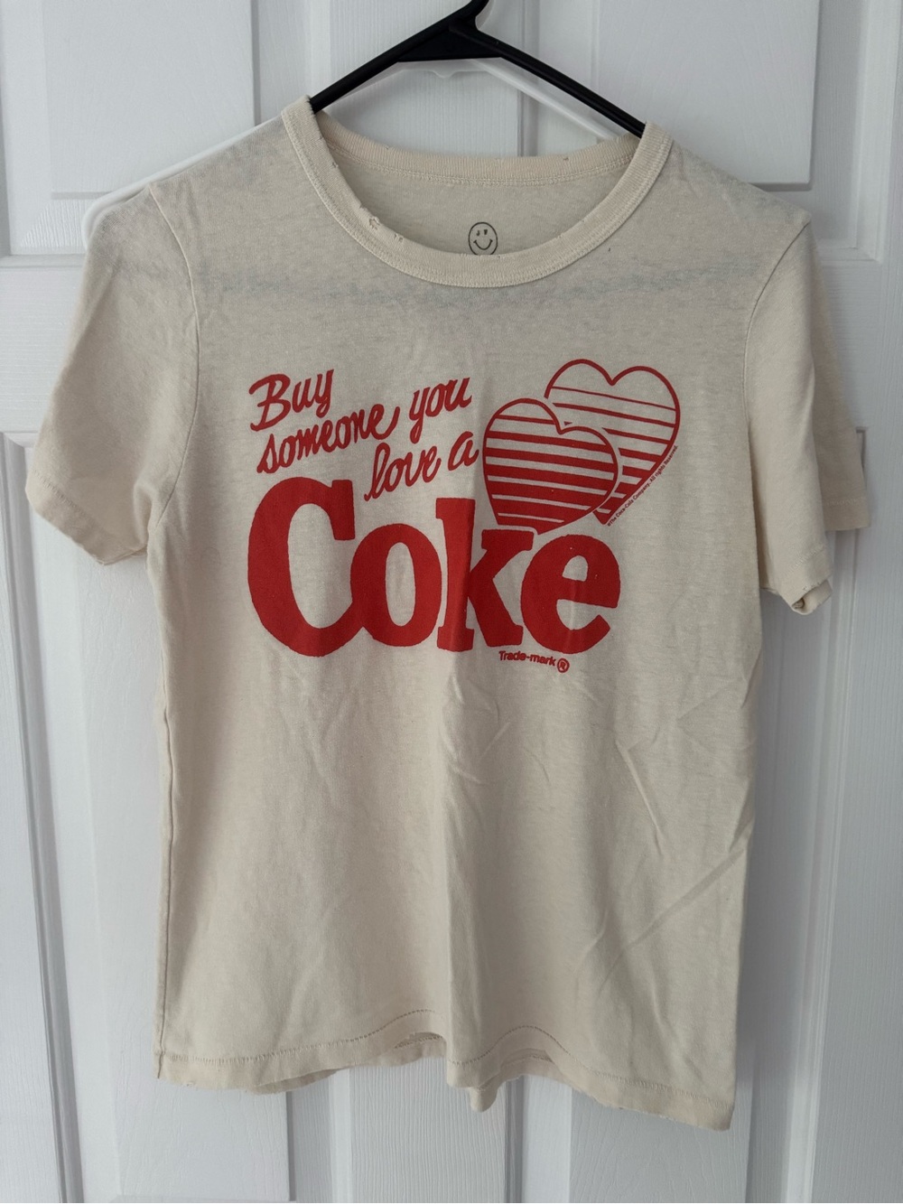 Coca Cola Cream Short Sleeve Tee with Red Logo Hearts